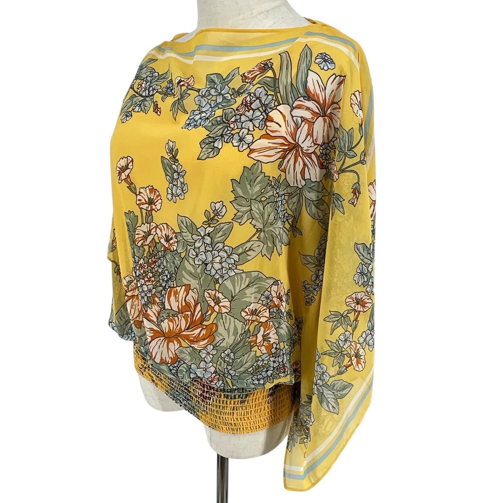 Max Studio‎ Yellow Floral Print Boat Neck Dolman Sleeve Smocked Hem Top Women S